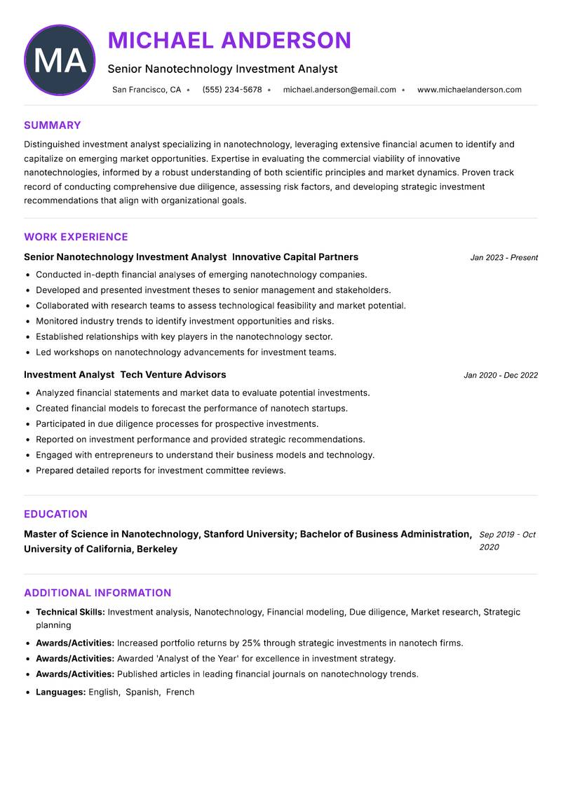Nanotechnology Investment Analyst resume example