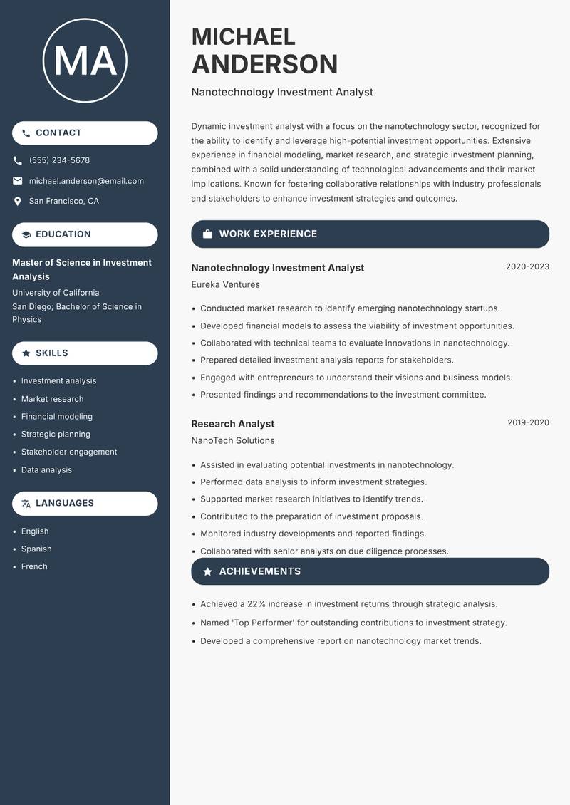 Nanotechnology Investment Analyst resume sample — Nanotechnology Investment Analyst focus