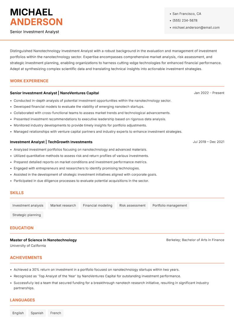 Nanotechnology Investment Analyst resume sample — Senior Investment Analyst focus