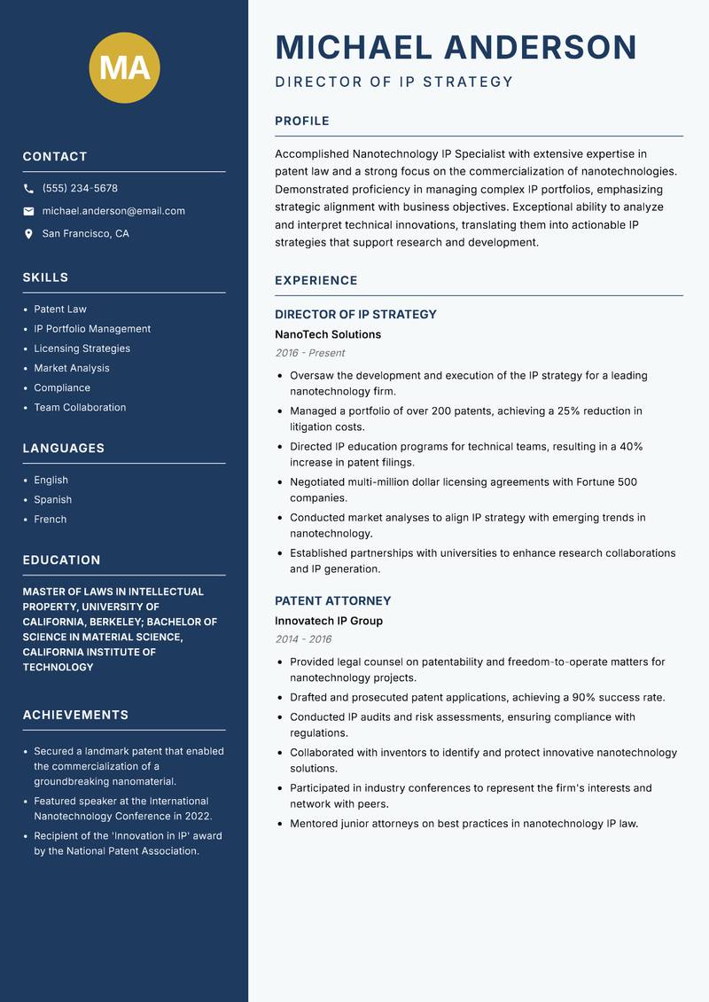 Nanotechnology IP Specialist resume sample — Director of IP Strategy focus