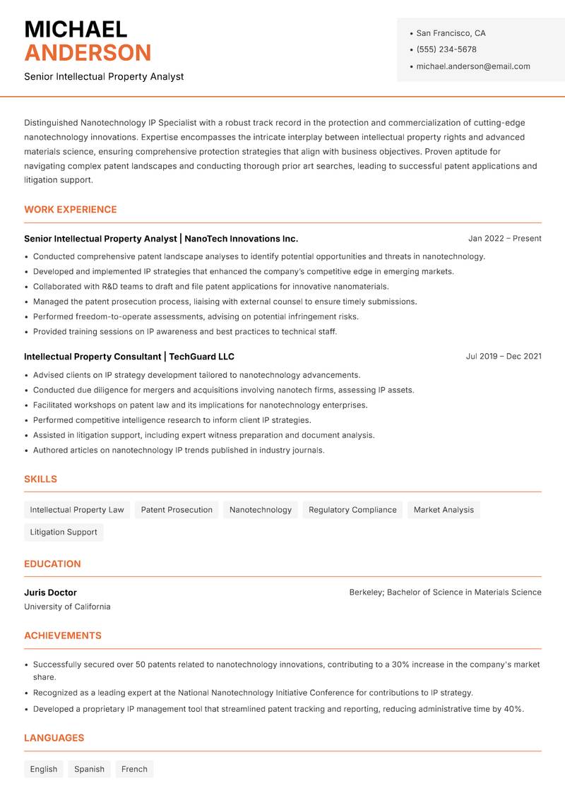 Nanotechnology IP Specialist resume sample — Senior Intellectual Property Analyst focus