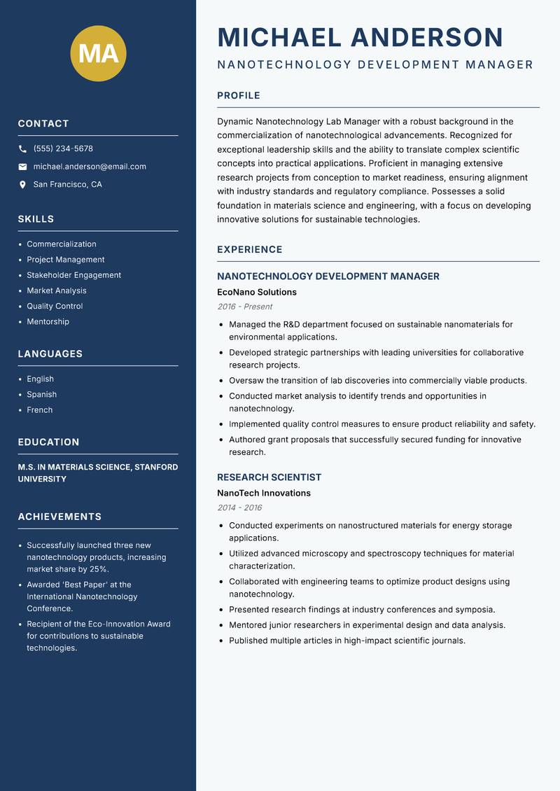 Nanotechnology Lab Manager resume sample — Nanotechnology Development Manager focus