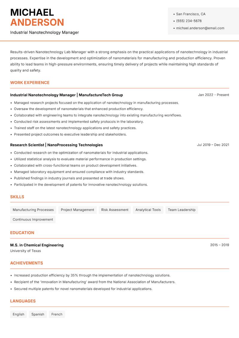 Nanotechnology Lab Manager resume sample — Industrial Nanotechnology Manager focus