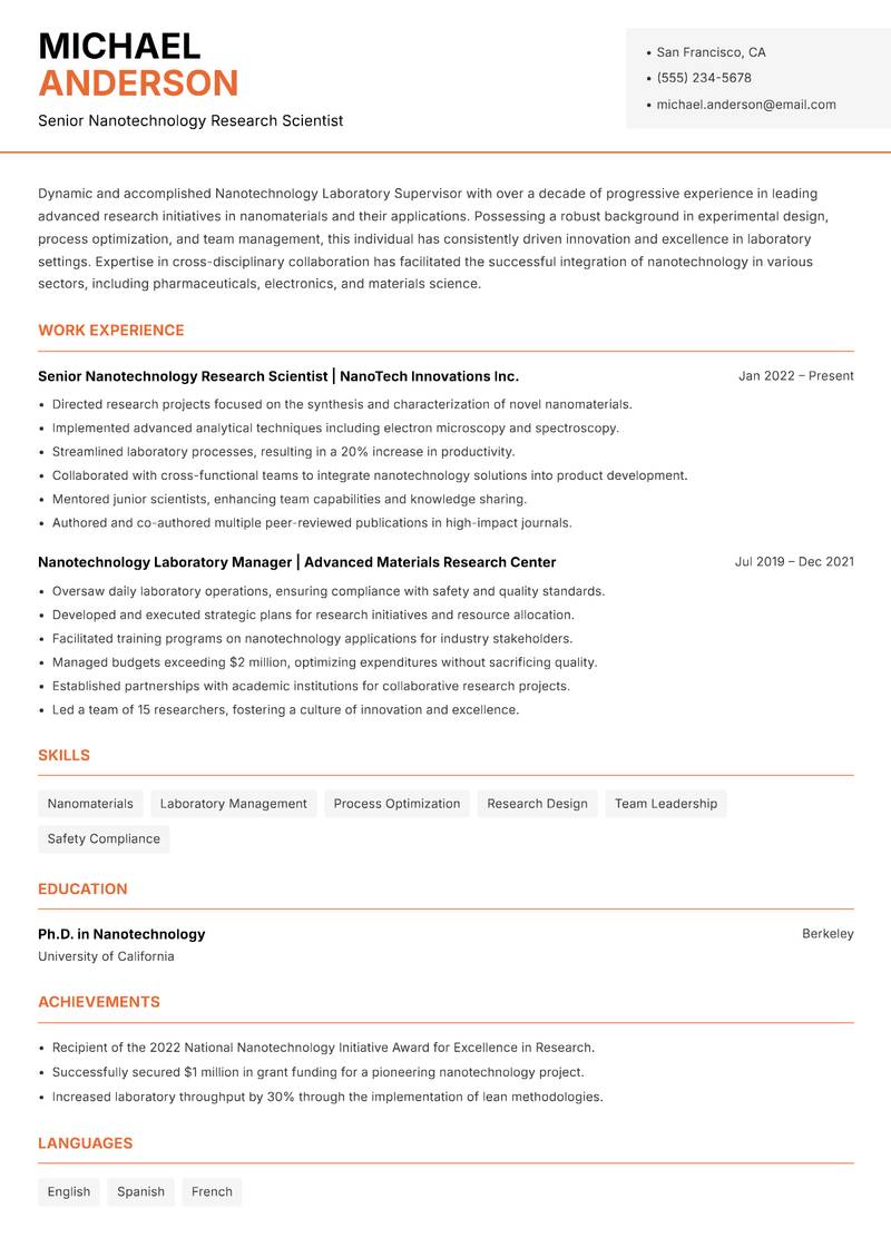 Nanotechnology Laboratory Supervisor resume sample — Senior Nanotechnology Research Scientist focus