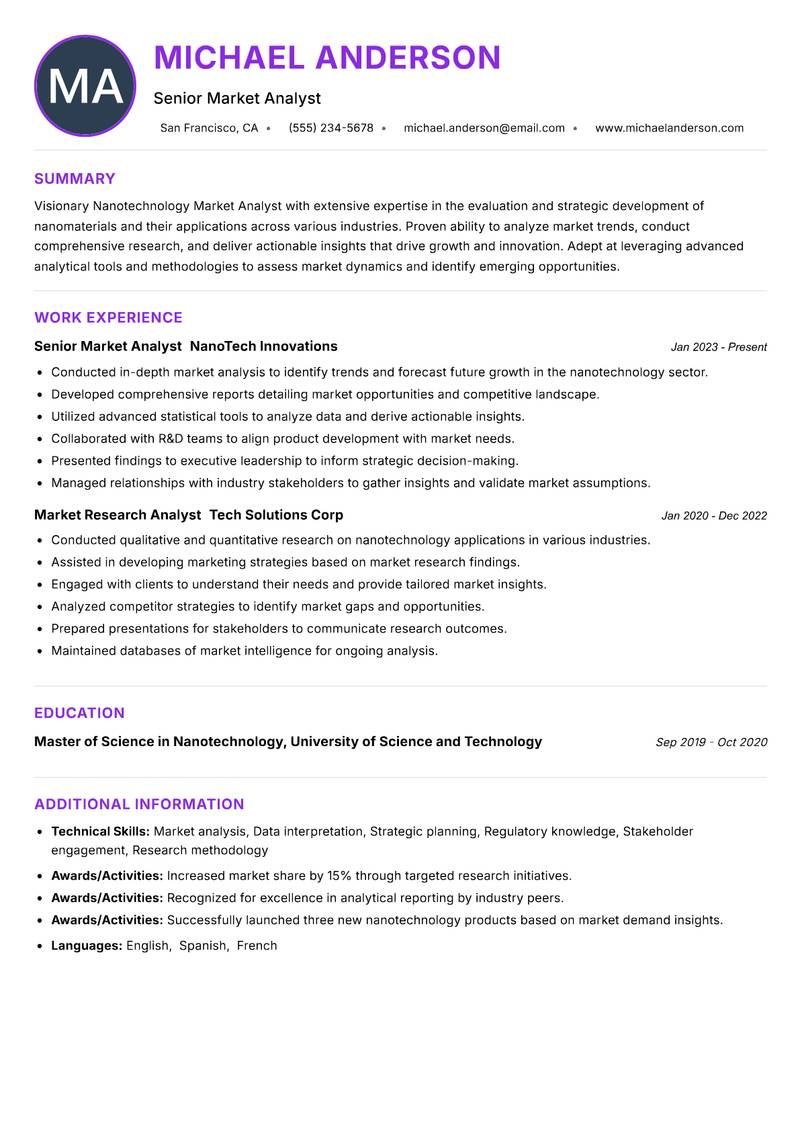 Nanotechnology Market Analyst resume example