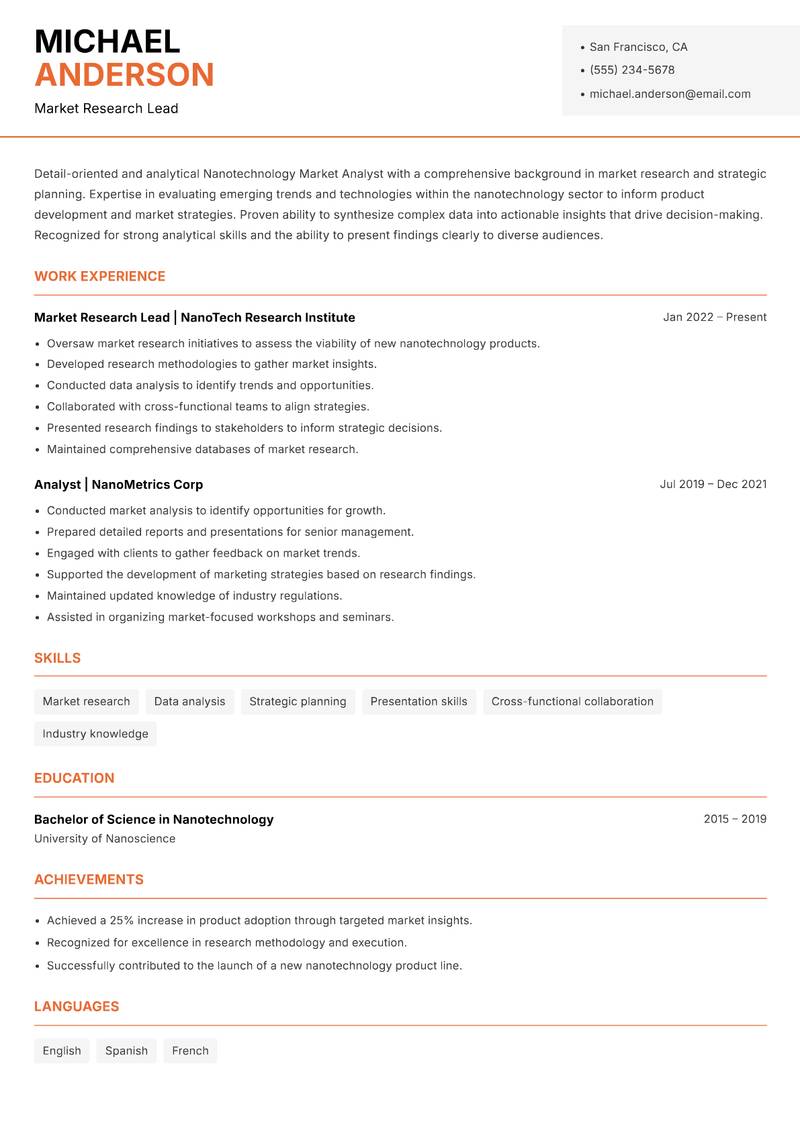 Nanotechnology Market Analyst resume sample — Market Research Lead focus