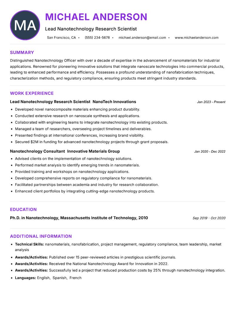 Nanotechnology Officer resume example