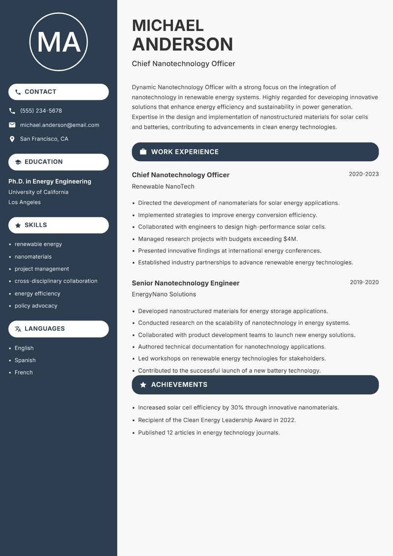 Nanotechnology Officer resume sample — Chief Nanotechnology Officer focus