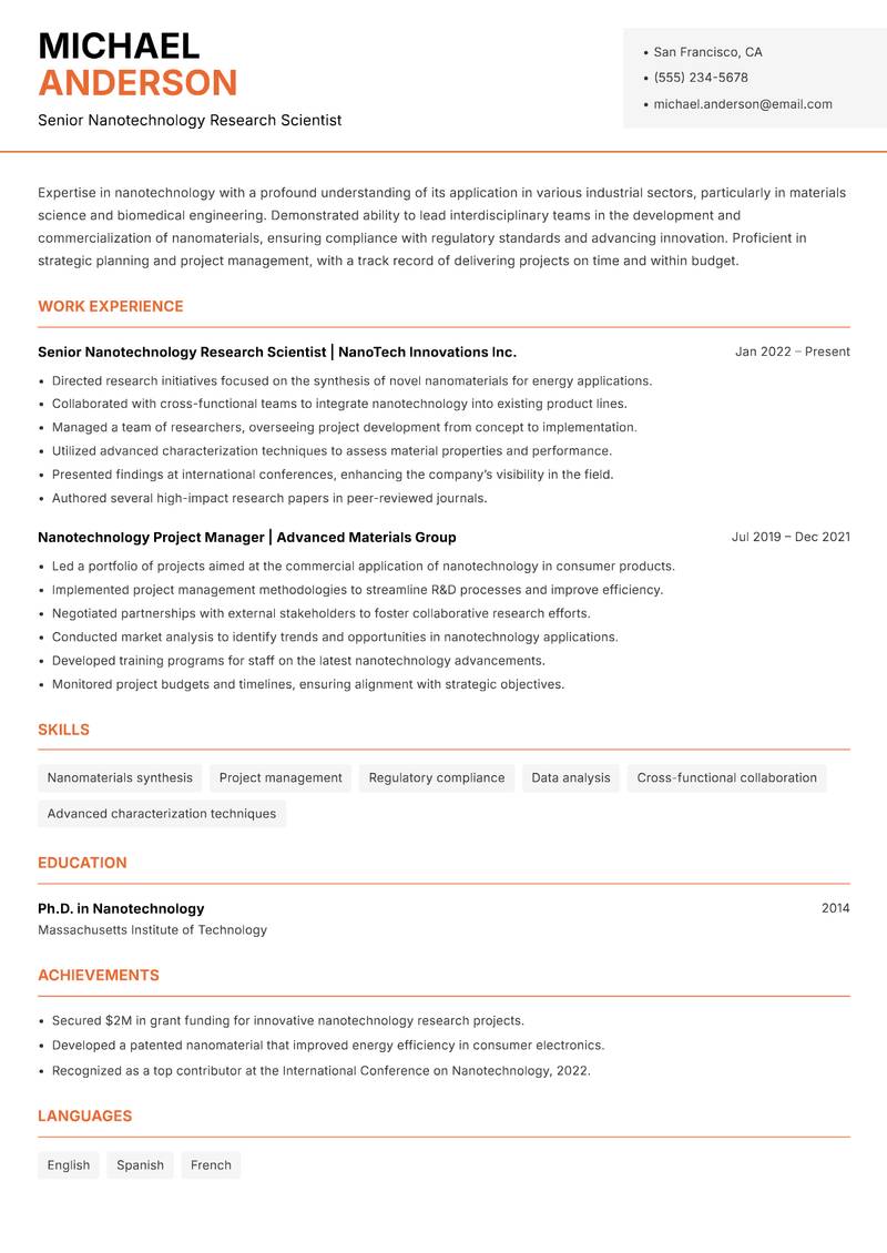 Nanotechnology Officer resume sample — Senior Nanotechnology Research Scientist focus