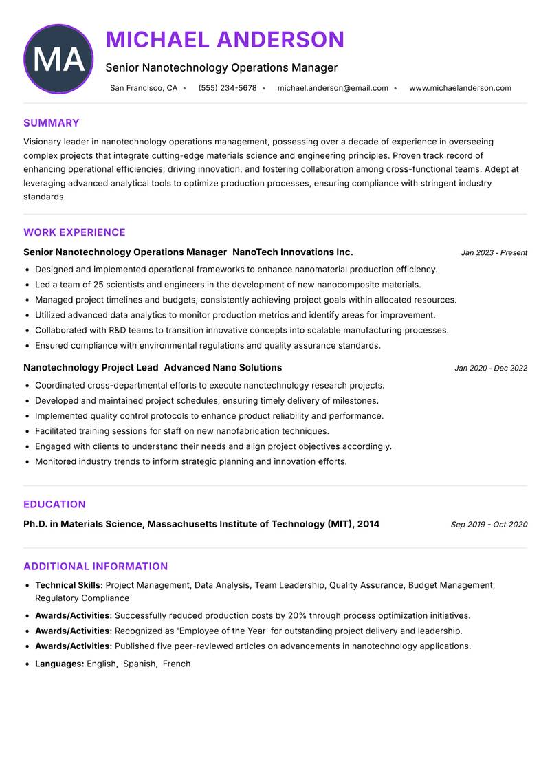 Nanotechnology Operations Manager resume example