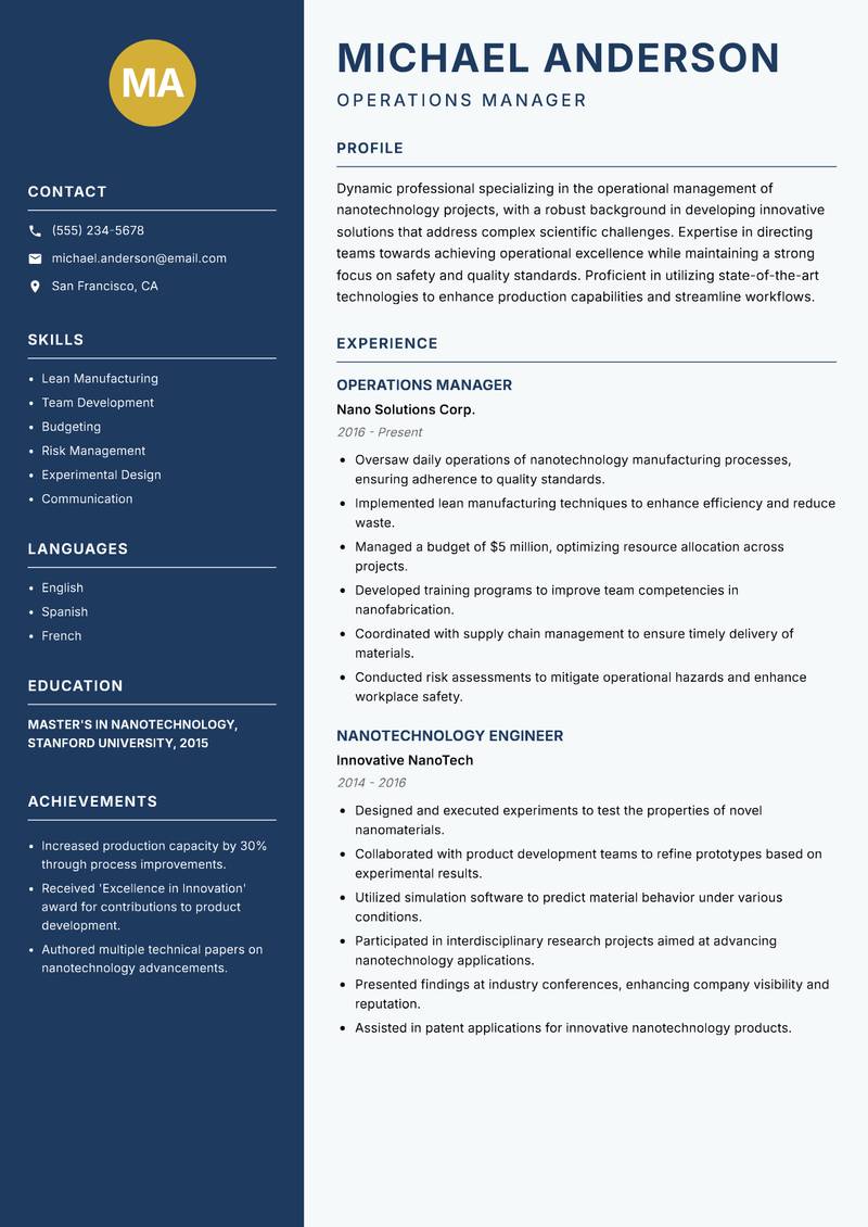 Nanotechnology Operations Manager resume sample — Operations Manager focus