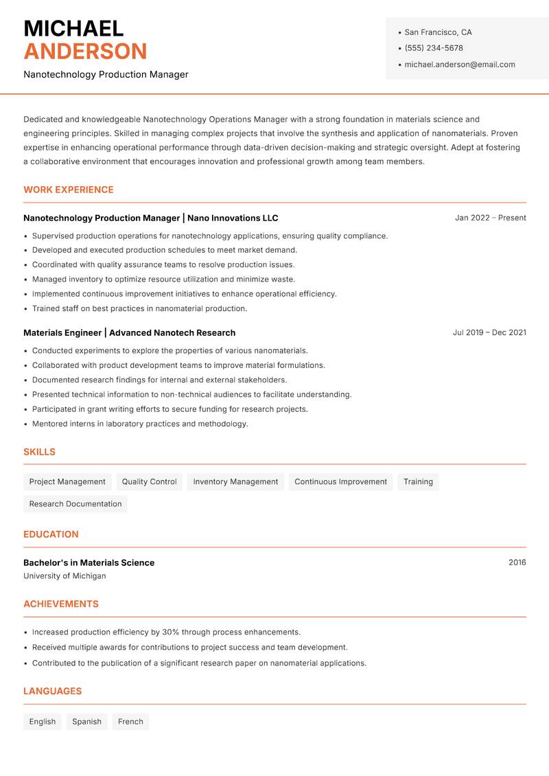 Nanotechnology Operations Manager resume sample — Nanotechnology Production Manager focus
