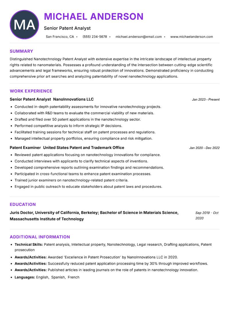 Nanotechnology Patent Analyst resume example