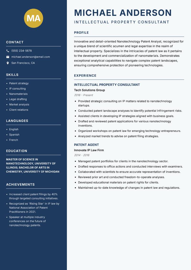 Nanotechnology Patent Analyst resume sample — Intellectual Property Consultant focus