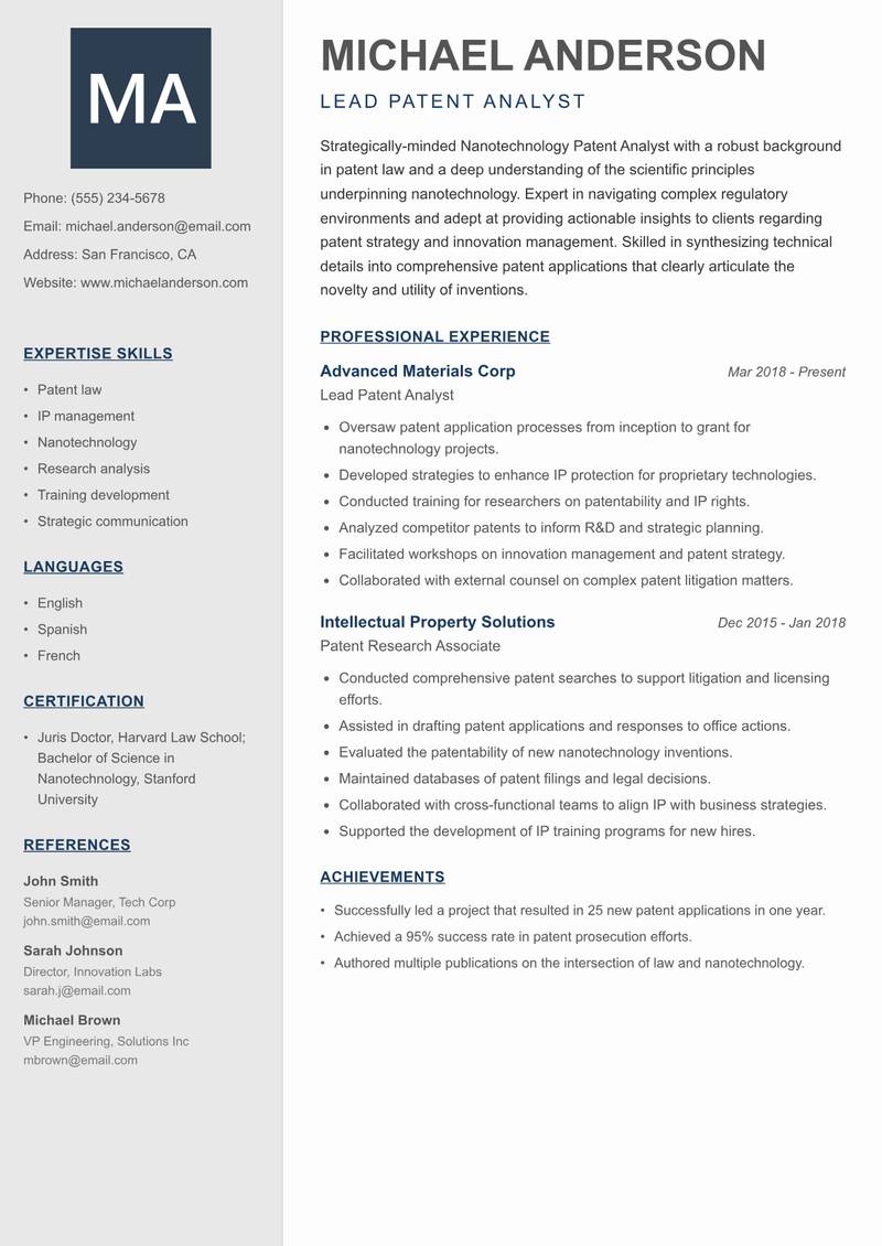 Nanotechnology Patent Analyst resume sample — Lead Patent Analyst focus