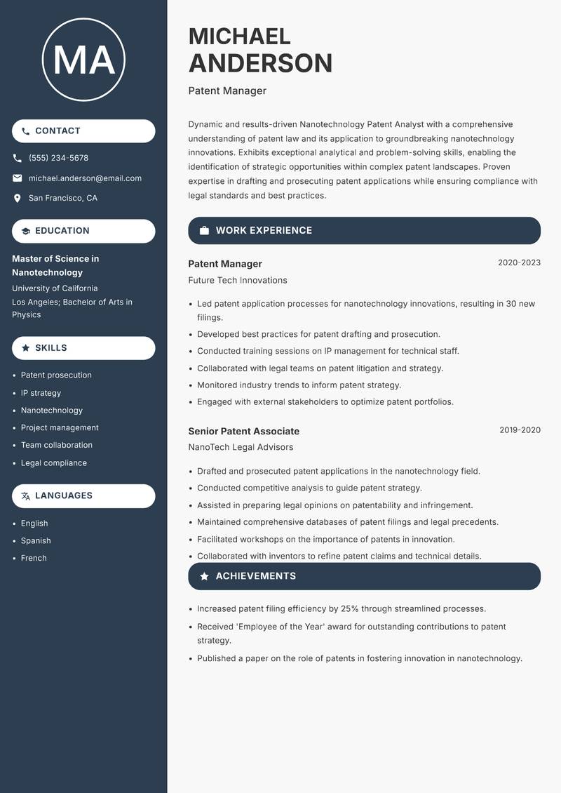 Nanotechnology Patent Analyst resume sample — Patent Manager focus