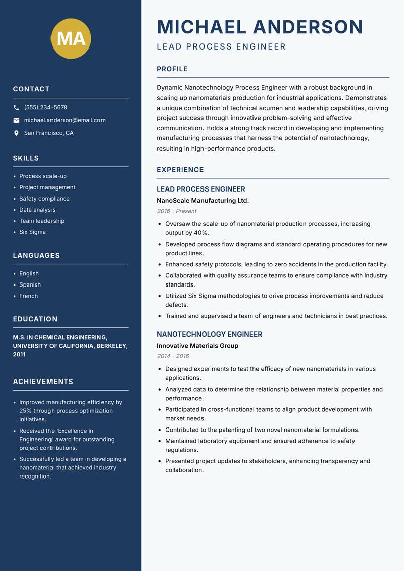 Nanotechnology Process Engineer resume sample — Lead Process Engineer focus