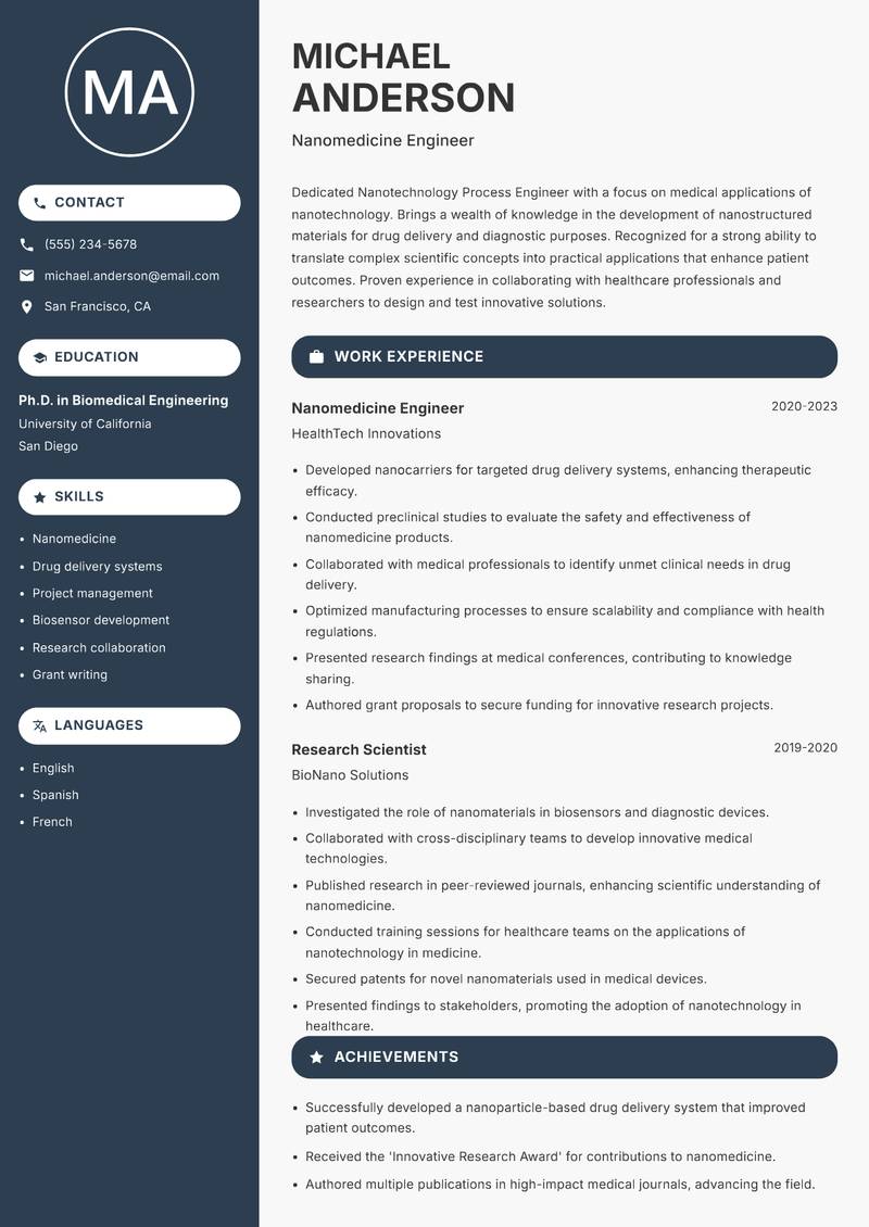 Nanotechnology Process Engineer resume sample — Nanomedicine Engineer focus