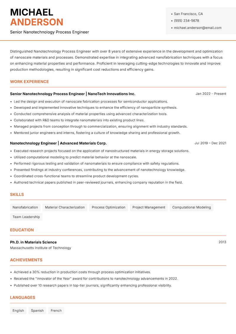 Nanotechnology Process Engineer resume sample — Senior Nanotechnology Process Engineer focus
