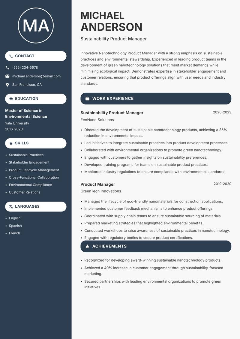 Nanotechnology Product Manager resume sample — Sustainability Product Manager focus