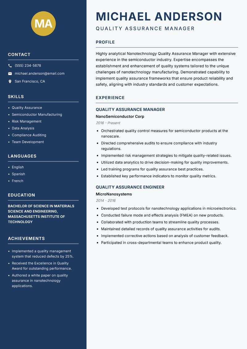 Nanotechnology Quality Assurance Manager resume sample — Quality Assurance Manager focus