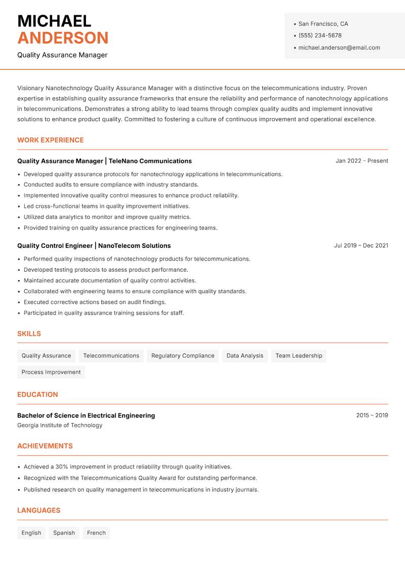 Nanotechnology Quality Assurance Manager resume sample — Quality Assurance Manager focus