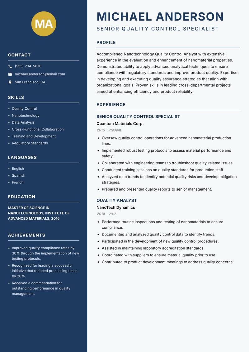 Nanotechnology Quality Control Analyst resume sample — Senior Quality Control Specialist focus