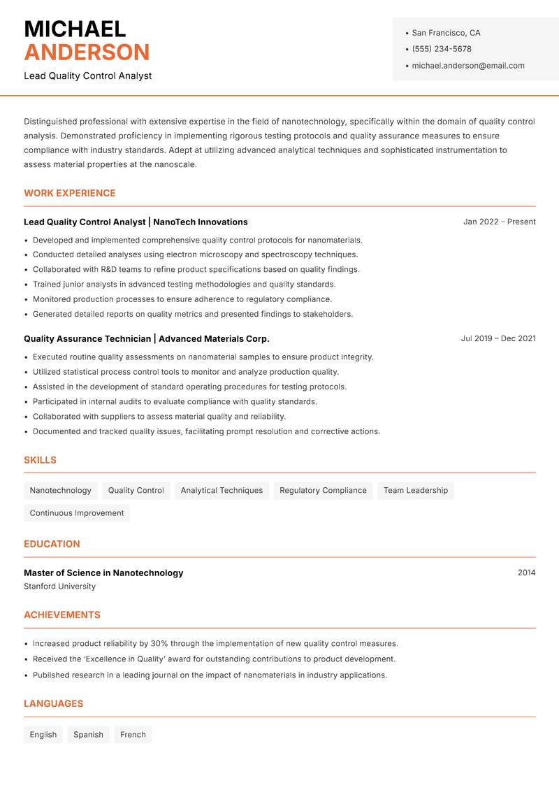 Nanotechnology Quality Control Analyst resume sample — Lead Quality Control Analyst focus