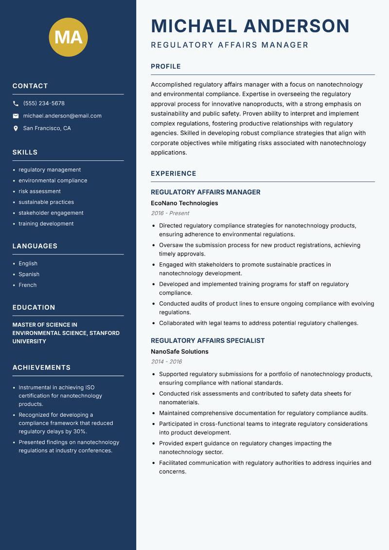 Nanotechnology Regulatory Affairs Specialist resume sample — Regulatory Affairs Manager focus