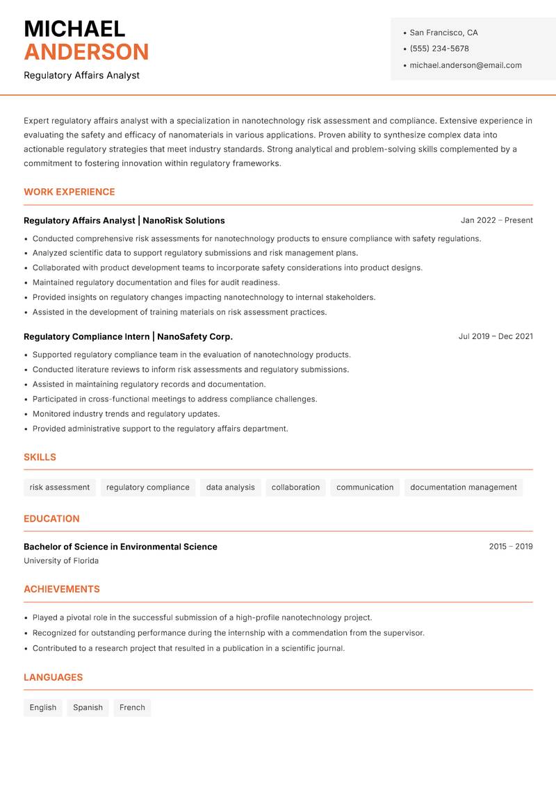 Nanotechnology Regulatory Affairs Specialist resume sample — Regulatory Affairs Analyst focus