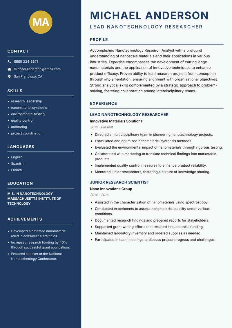 Nanotechnology Research Analyst resume sample — Lead Nanotechnology Researcher focus