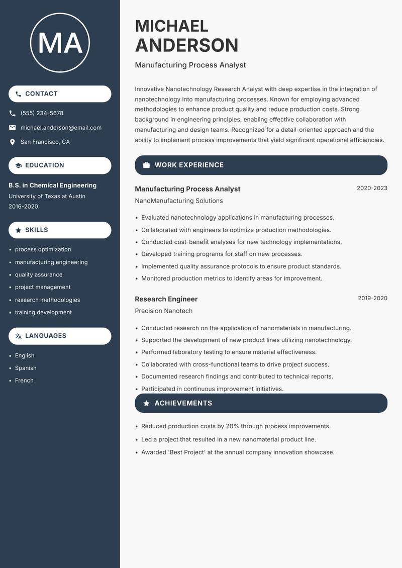 Nanotechnology Research Analyst resume sample — Manufacturing Process Analyst focus