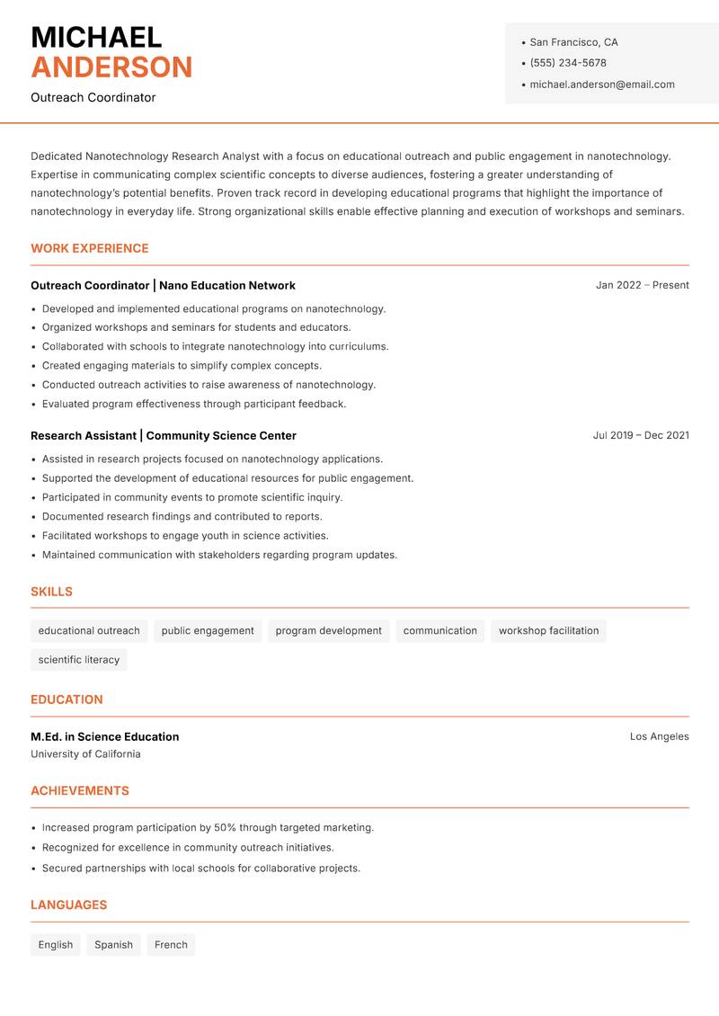Nanotechnology Research Analyst resume sample — Outreach Coordinator focus