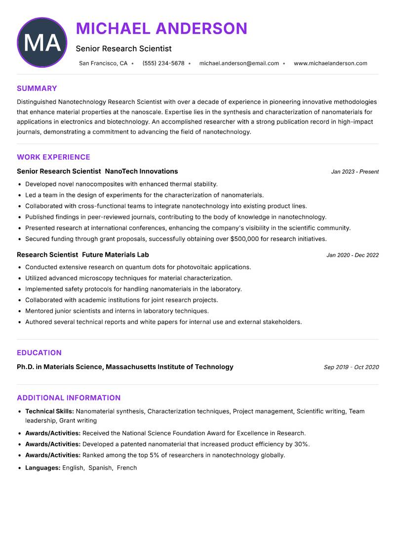 Nanotechnology Research Scientist resume example