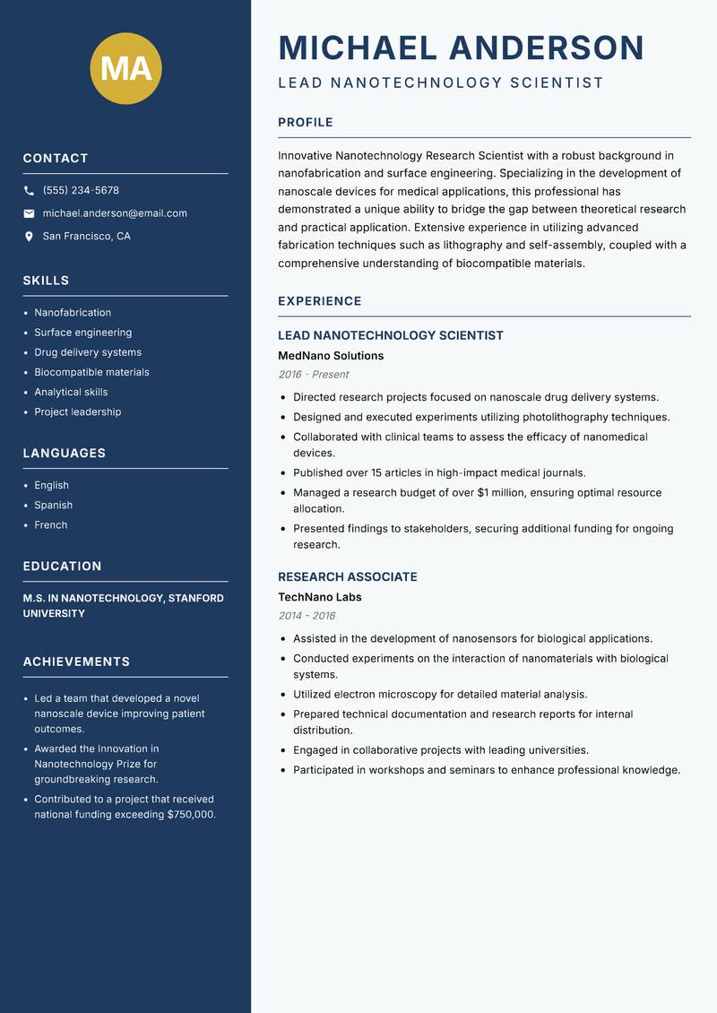 Nanotechnology Research Scientist resume sample — Lead Nanotechnology Scientist focus