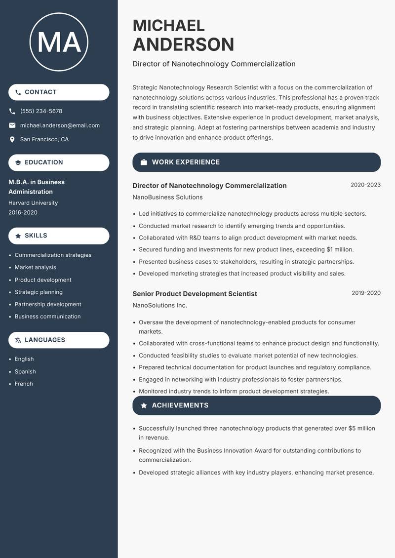 Nanotechnology Research Scientist resume sample — Director of Nanotechnology Commercialization focus