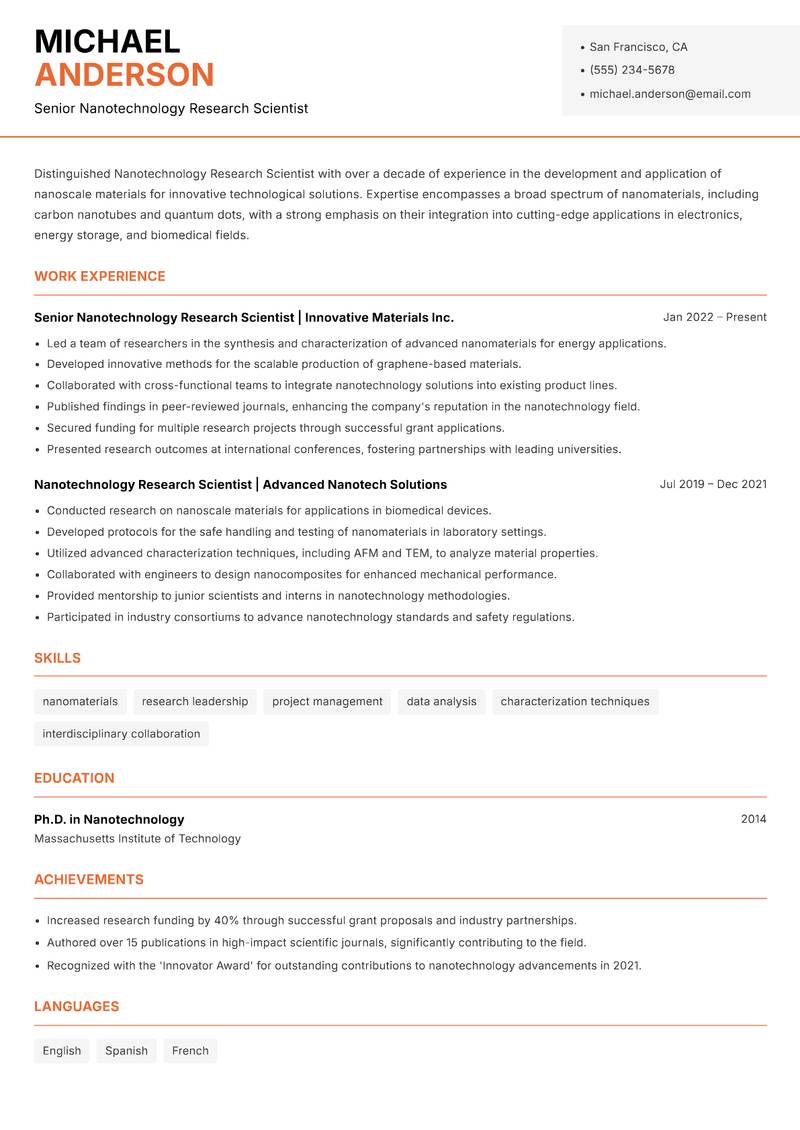 Nanotechnology Research Scientist resume sample — Senior Nanotechnology Research Scientist focus