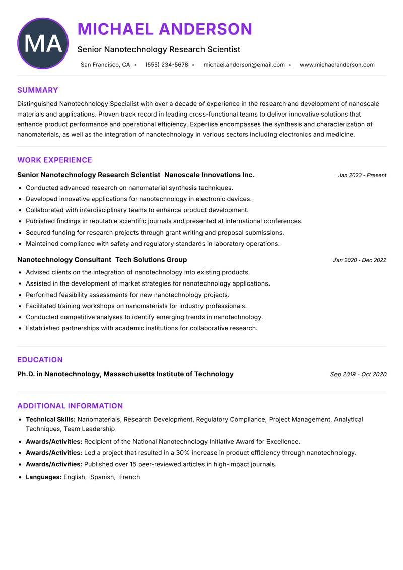 Nanotechnology Specialist resume example