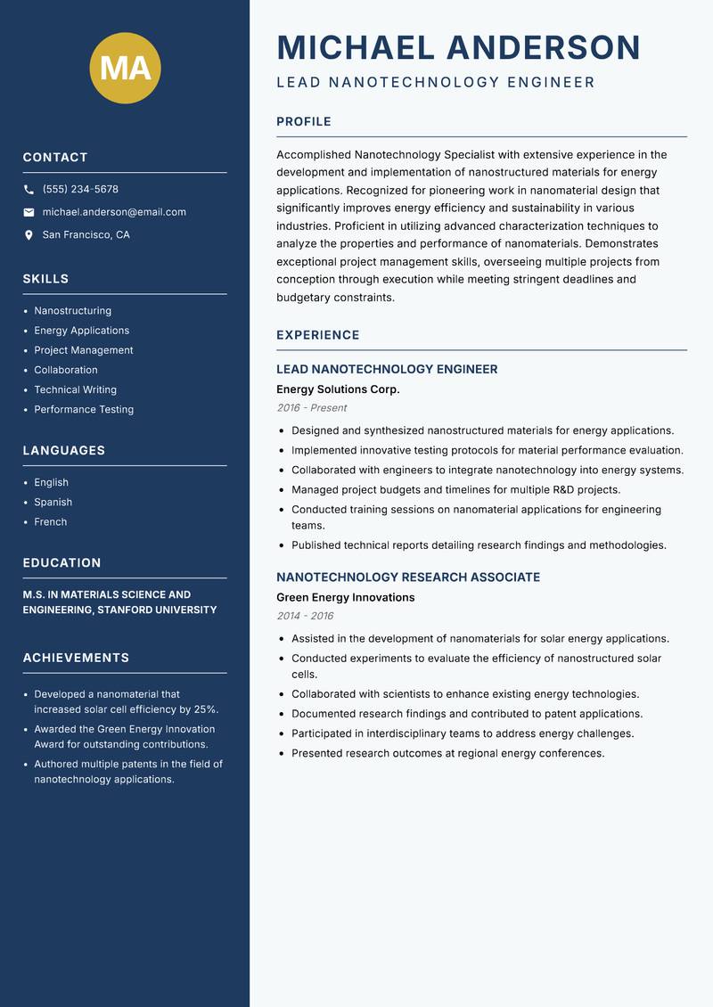 Nanotechnology Specialist resume sample — Lead Nanotechnology Engineer focus