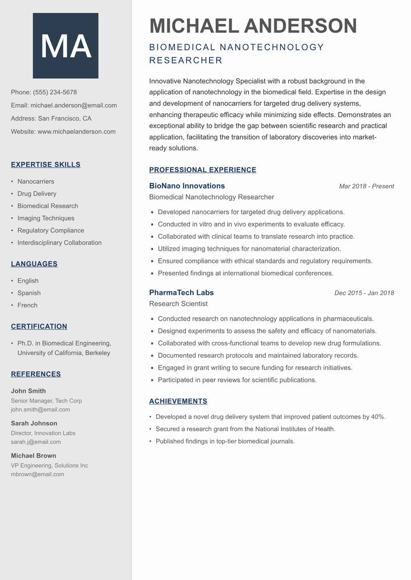 Nanotechnology Specialist resume sample — Biomedical Nanotechnology Researcher focus