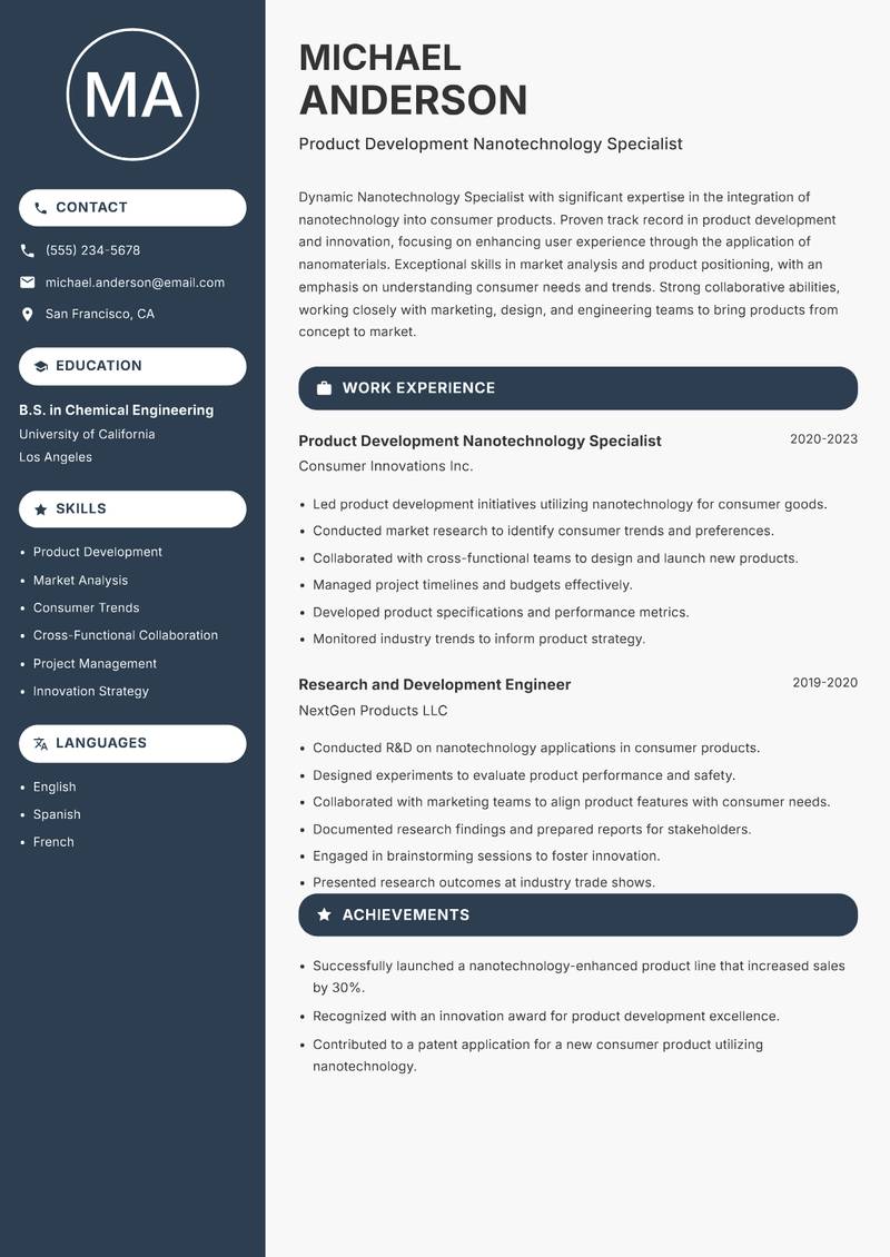Nanotechnology Specialist resume sample — Product Development Nanotechnology Specialist focus