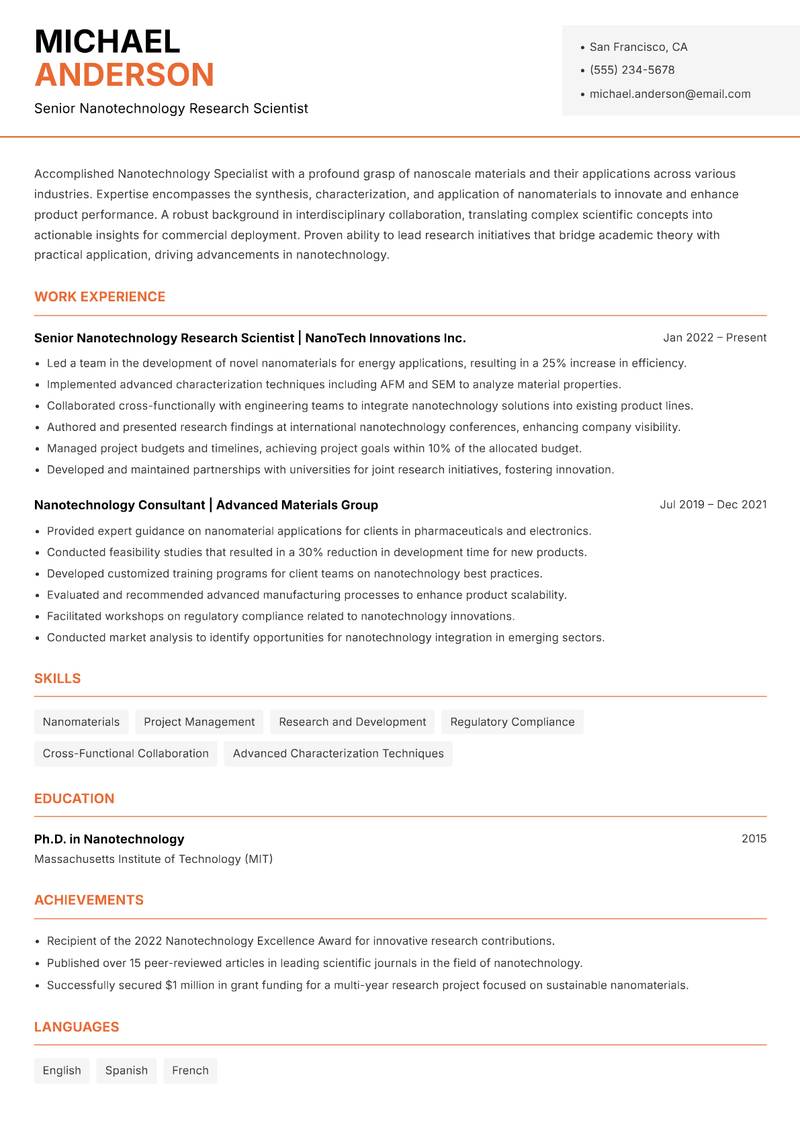 Nanotechnology Specialist resume sample — Senior Nanotechnology Research Scientist focus