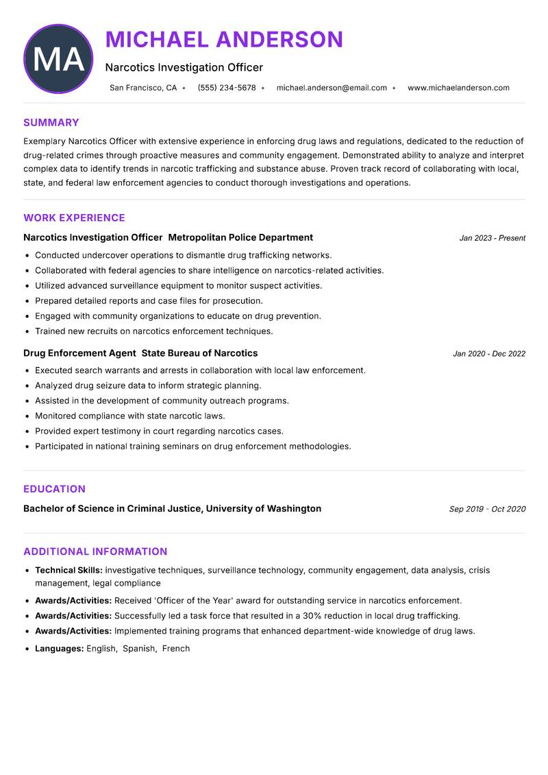 Narcotics Officer resume example