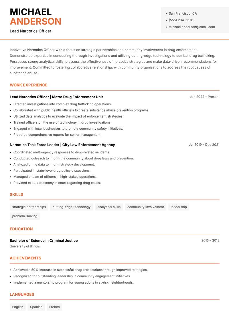 Narcotics Officer resume sample — Lead Narcotics Officer focus