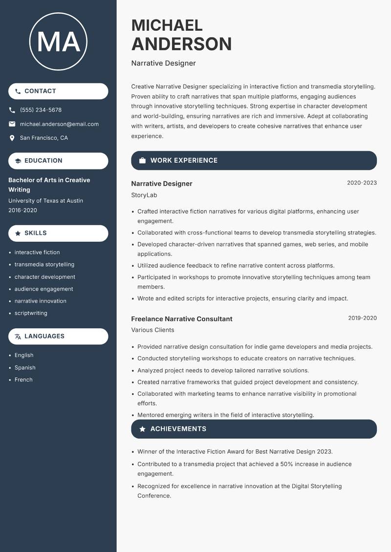 Narrative Designer resume sample — Narrative Designer focus