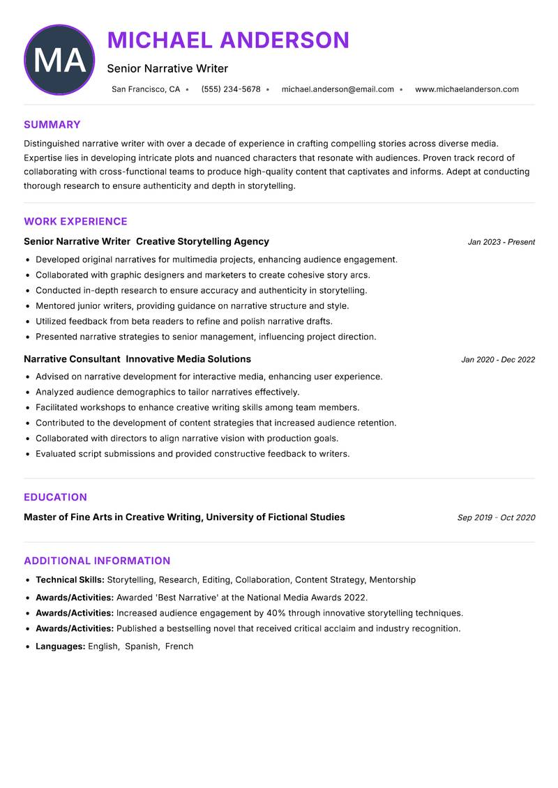 Narrative Writer resume example