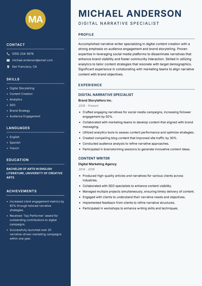 Narrative Writer resume sample — Digital Narrative Specialist focus