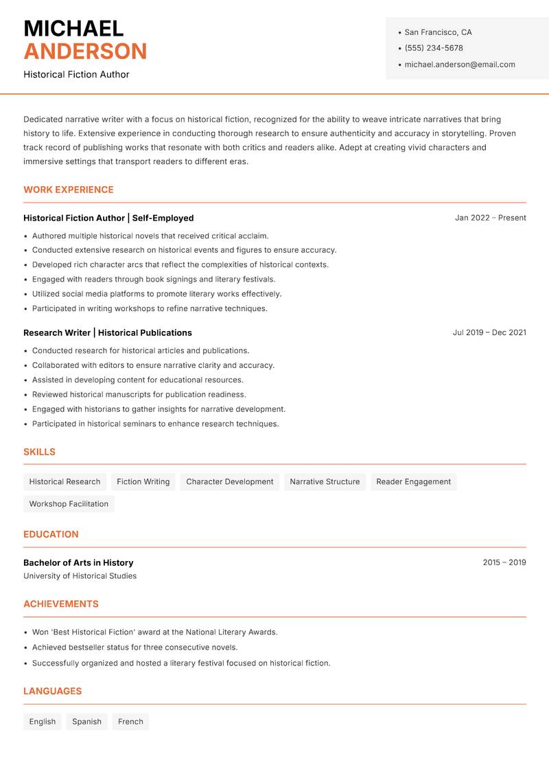 Narrative Writer resume sample — Historical Fiction Author focus