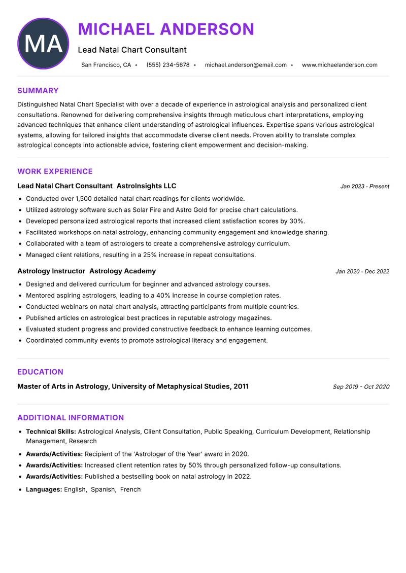 Natal Chart Specialist resume example
