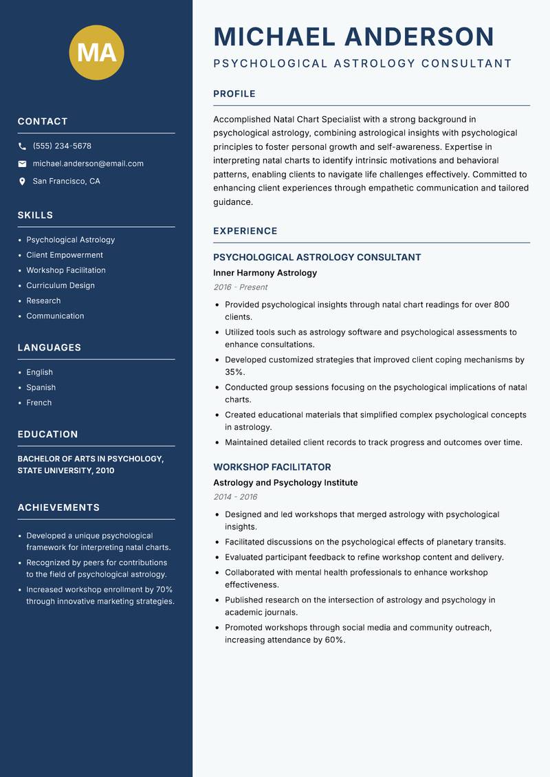 Natal Chart Specialist resume sample — Psychological Astrology Consultant focus